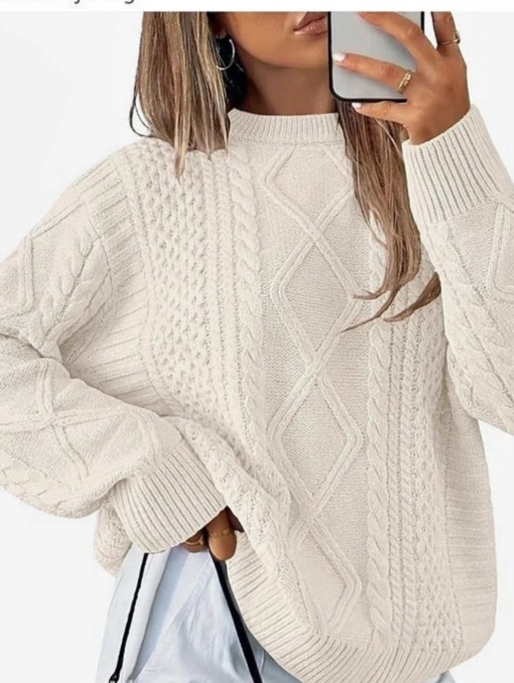 ANRABESS Sweaters for Women Oversized Cable Knit Pullover Fall Outfits Cream